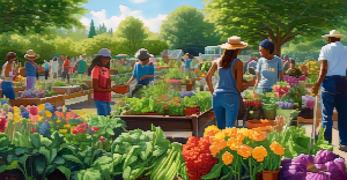 A lively community garden with people of various backgrounds planting together, surrounded by colorful flowers and vegetables.