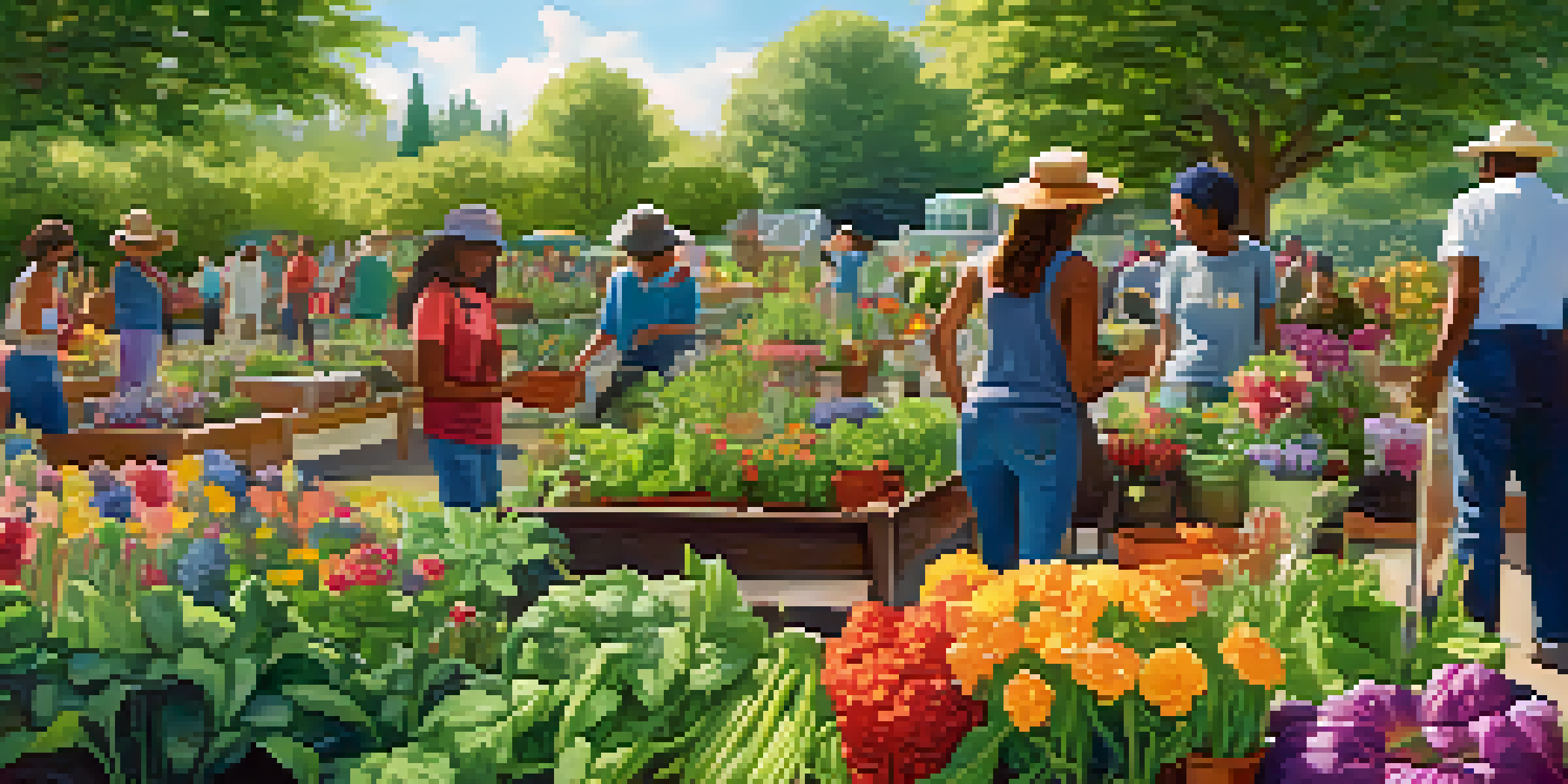 A lively community garden with people of various backgrounds planting together, surrounded by colorful flowers and vegetables.