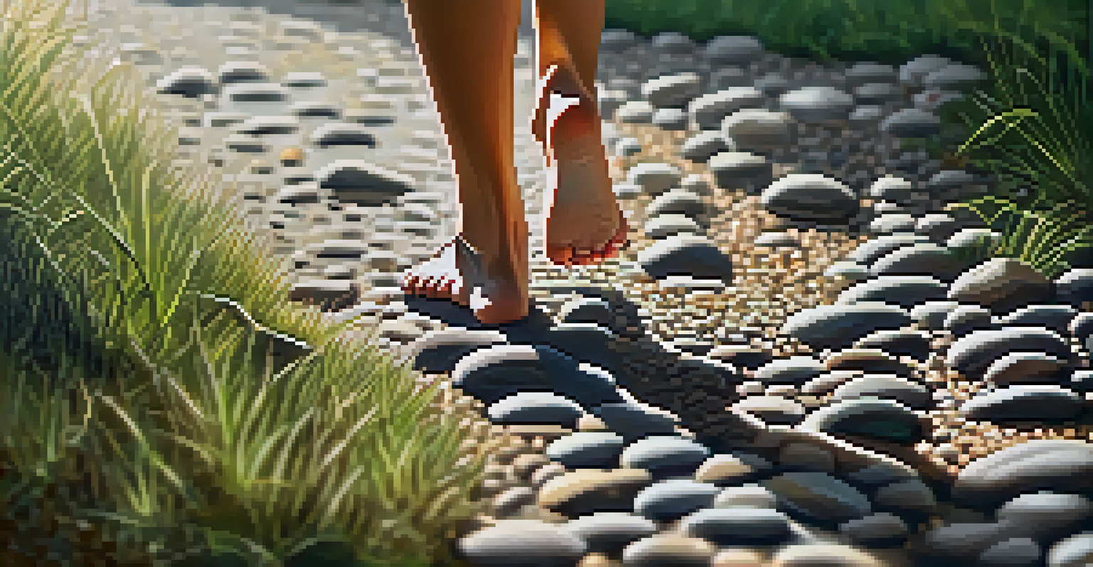 Close-up shot of feet walking on a gravel path, focusing on the texture and movement.