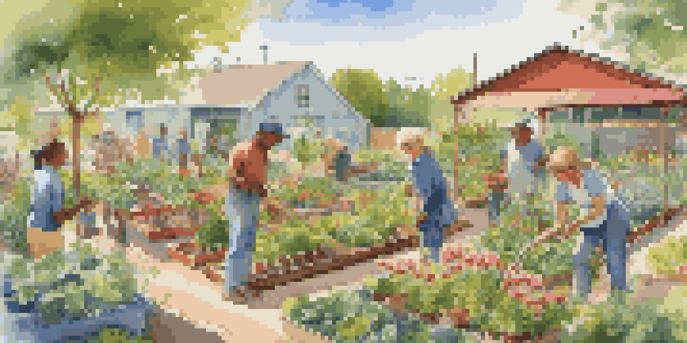 A lively community garden where people of different ages are planting vegetables and herbs under a sunny sky, surrounded by colorful flowers and greenery.
