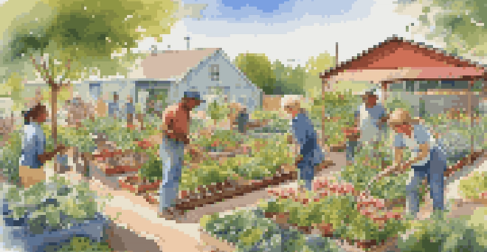 A lively community garden where people of different ages are planting vegetables and herbs under a sunny sky, surrounded by colorful flowers and greenery.