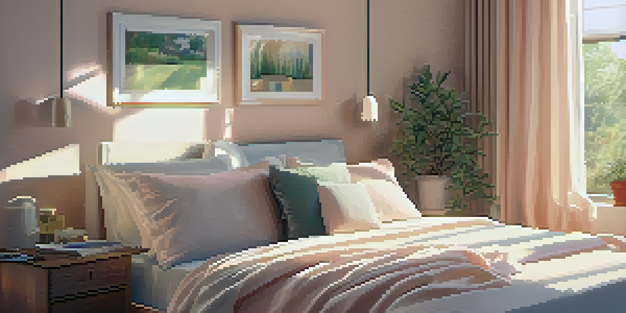 A cozy bedroom with soft bedding and natural light, emphasizing a peaceful sleeping environment.