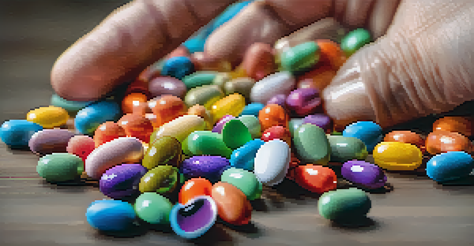 A close-up of a hand holding multicolored vitamins and minerals capsules against a blurred kitchen countertop background.