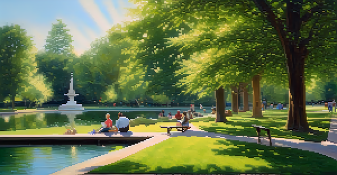 A peaceful urban park featuring green trees, a pond, and people relaxing on benches, with sunlight filtering through the leaves.