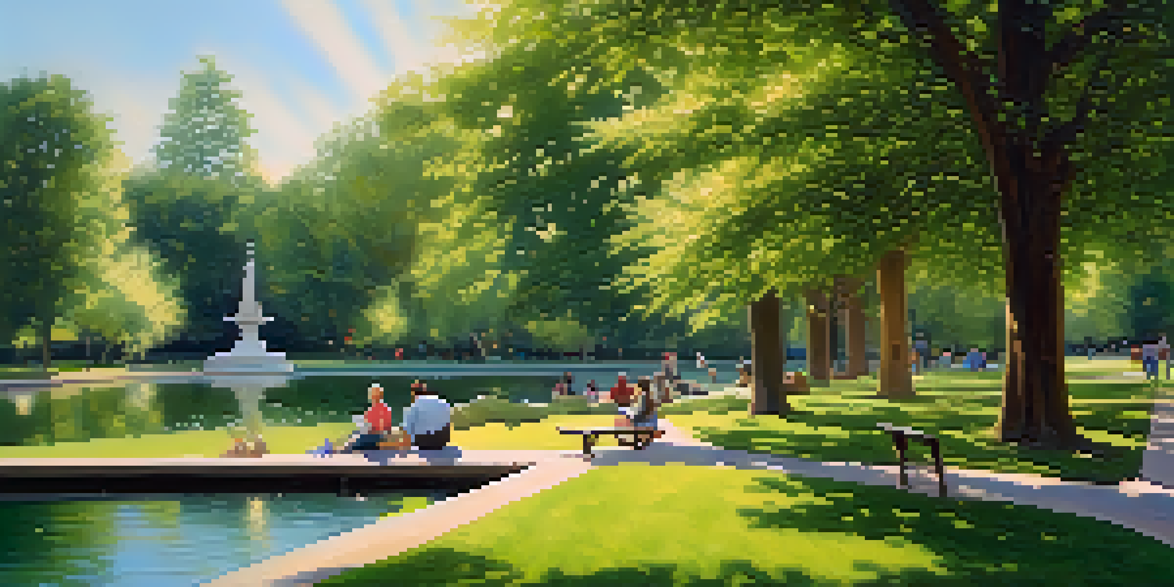 A peaceful urban park featuring green trees, a pond, and people relaxing on benches, with sunlight filtering through the leaves.