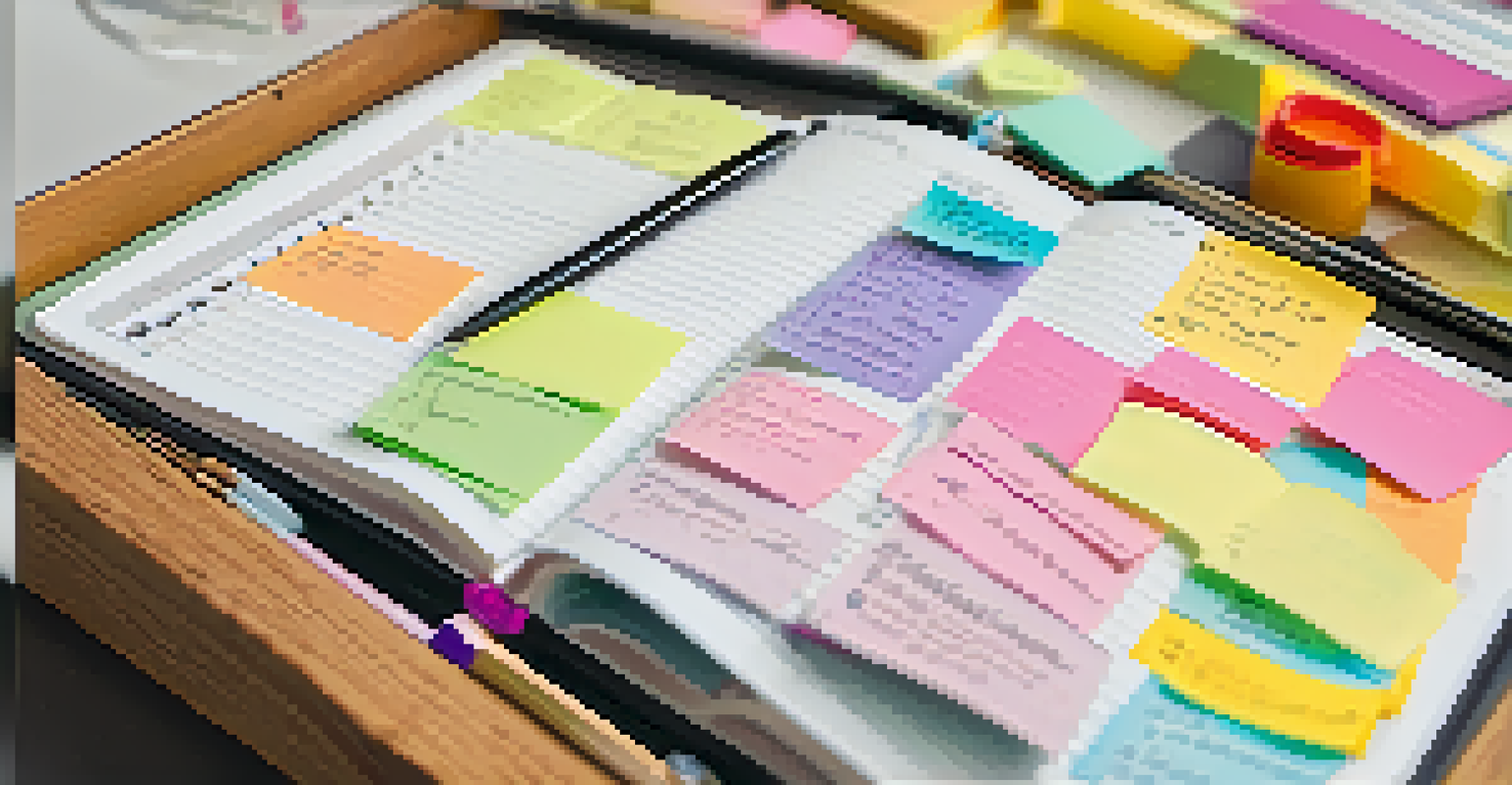 A detailed view of an organized planner with sticky notes and a cup of tea, highlighting goal-setting.