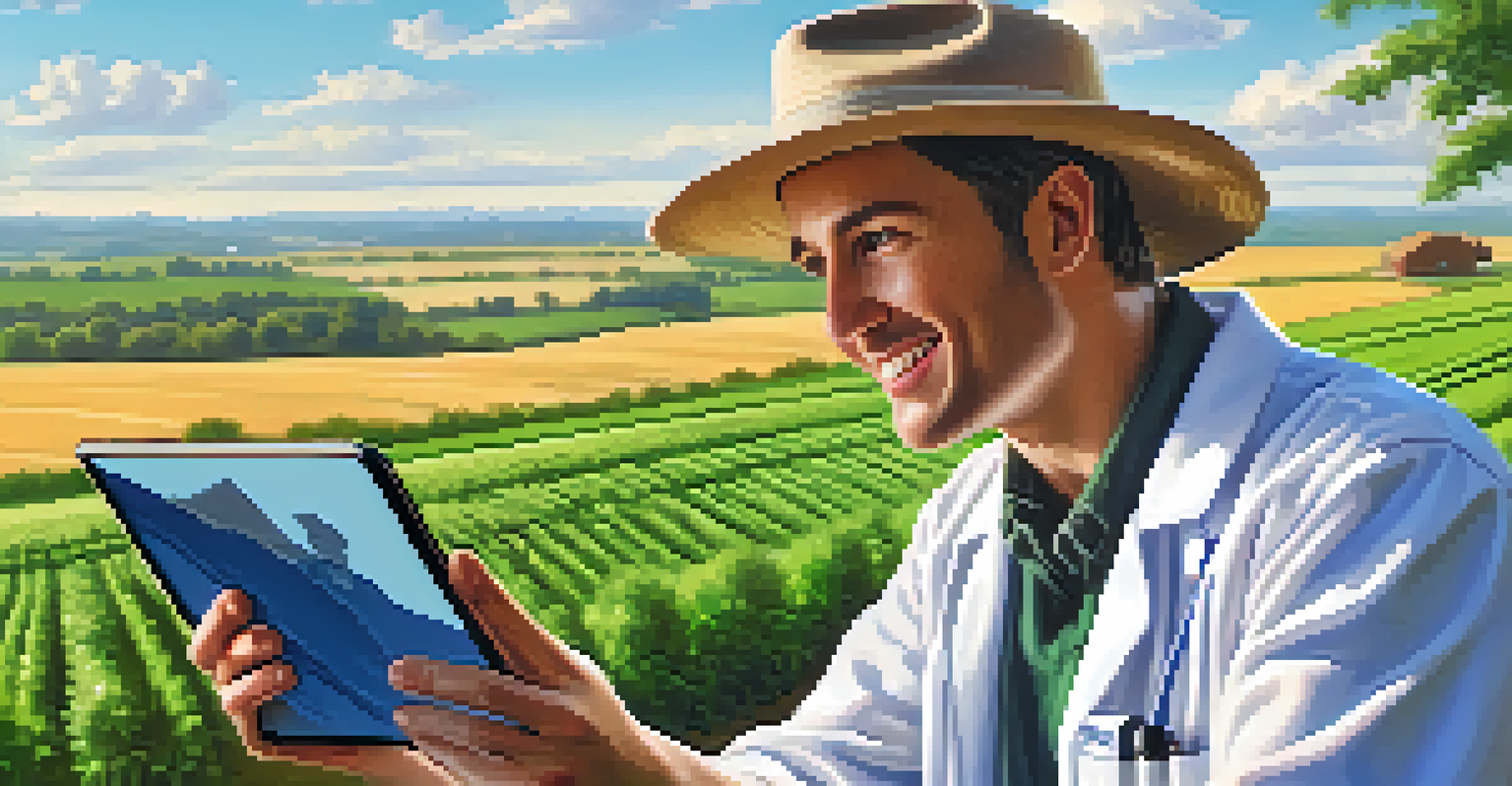 A farmer using a tablet to video chat with a doctor in a sunny field.