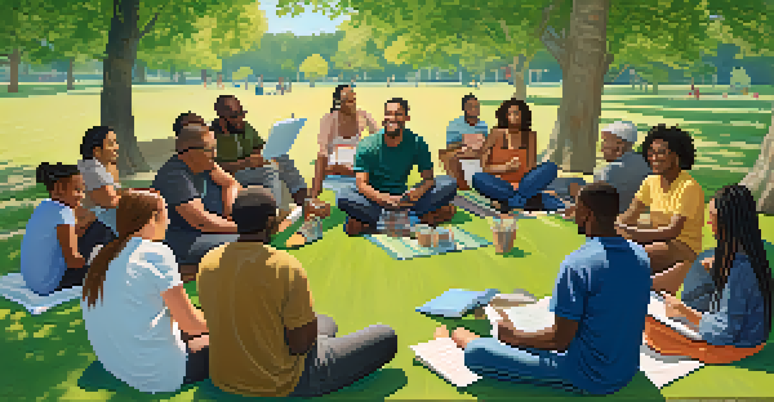 A diverse group of people sitting in a circle in a park, sharing stories and supporting each other.