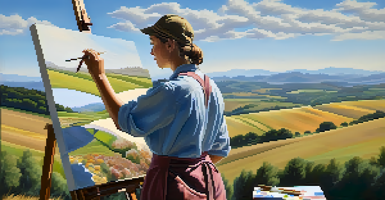 An artist painting on a large canvas outdoors in a beautiful landscape with hills and a blue sky.