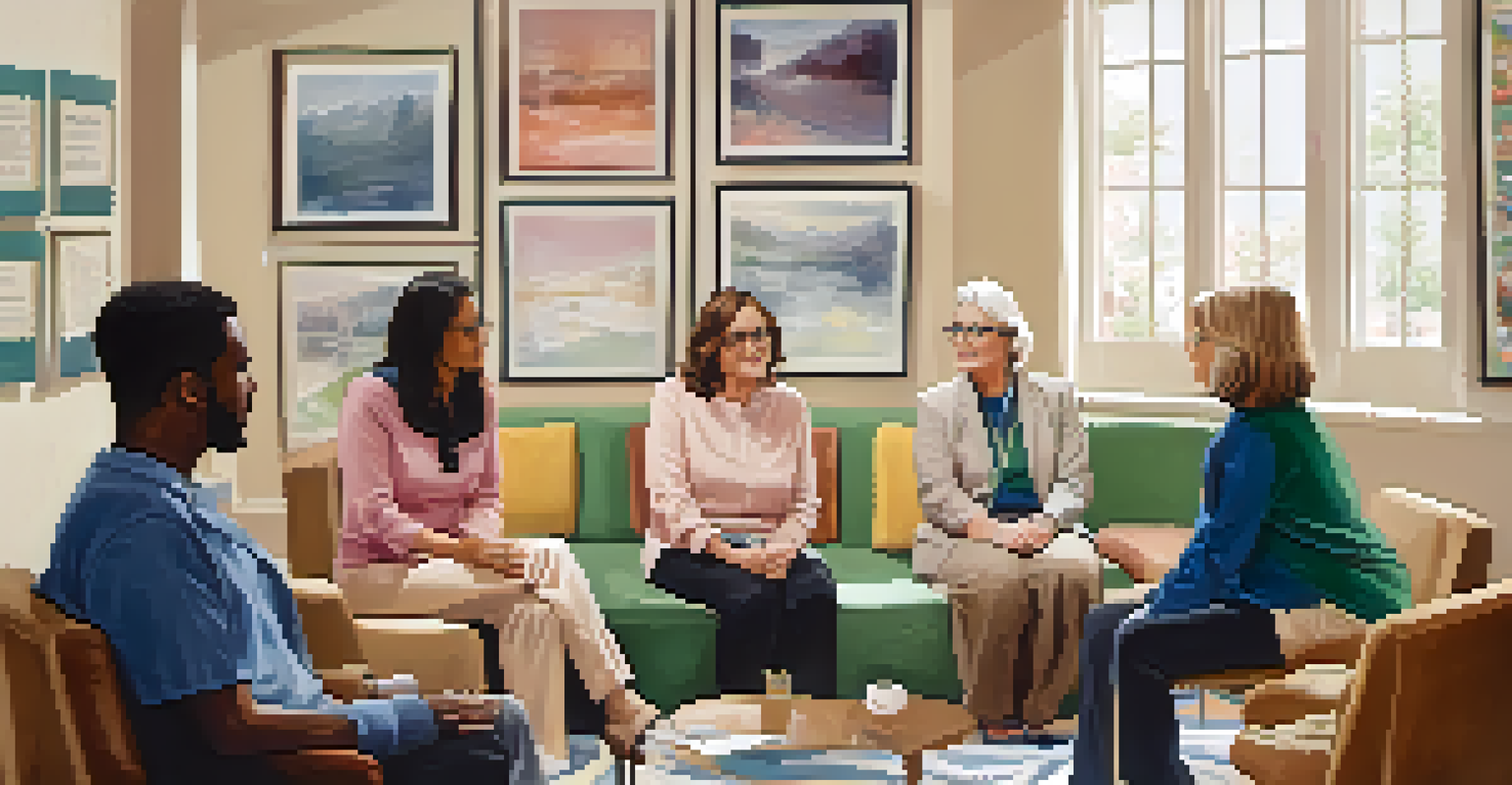 A therapist guiding a group therapy session with participants actively engaging and expressing empathy in a warm environment.