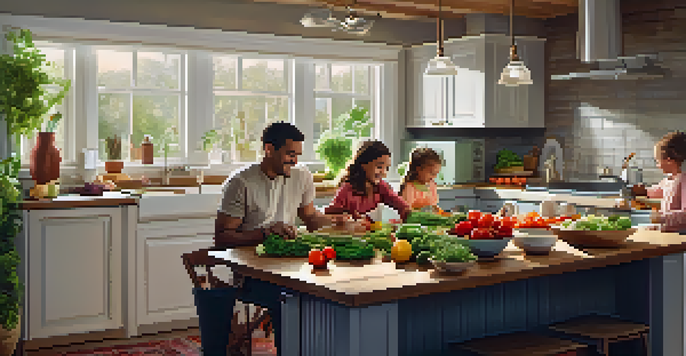 A family of four happily cooking together in a warm kitchen filled with fresh ingredients.