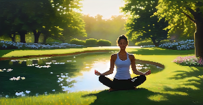 A person practicing yoga in a green park during sunrise, surrounded by flowers and a pond.