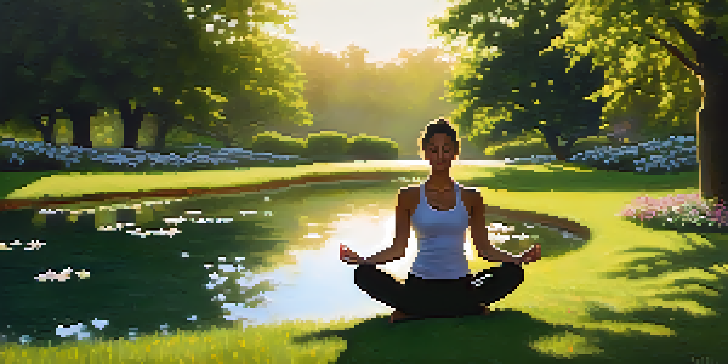 A person practicing yoga in a green park during sunrise, surrounded by flowers and a pond.