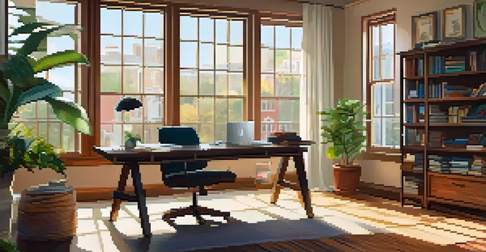 A cozy home office with a laptop on a desk, a potted plant, and sunlight streaming through a window.