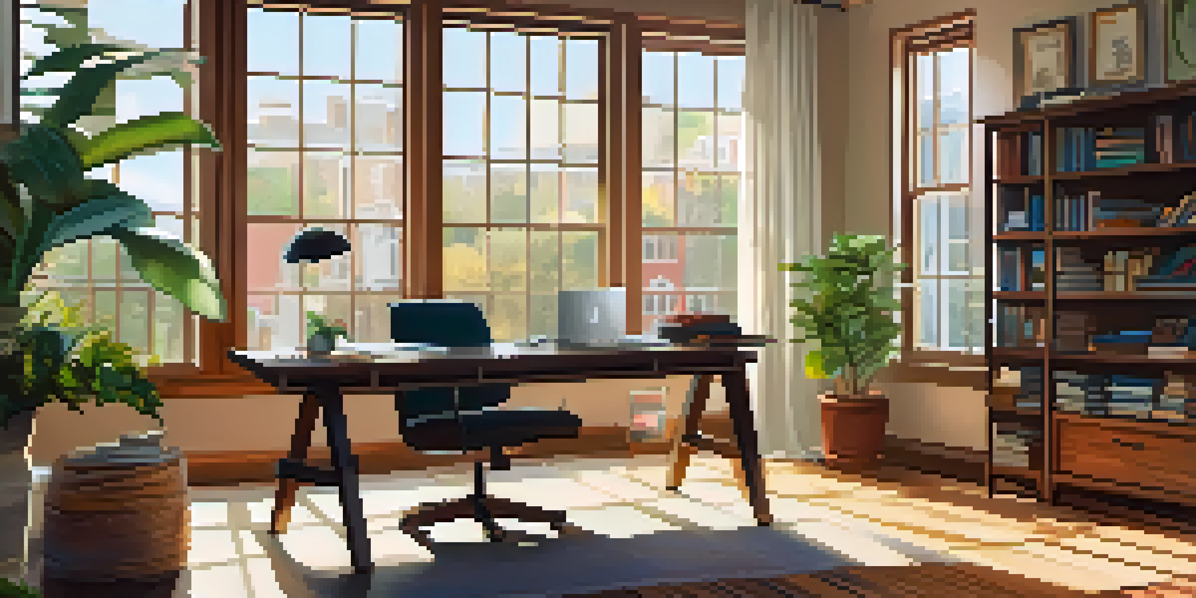 A cozy home office with a laptop on a desk, a potted plant, and sunlight streaming through a window.