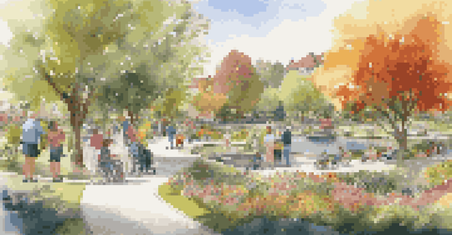 A beautiful park with accessible paths and people of various abilities enjoying a sunny day together.