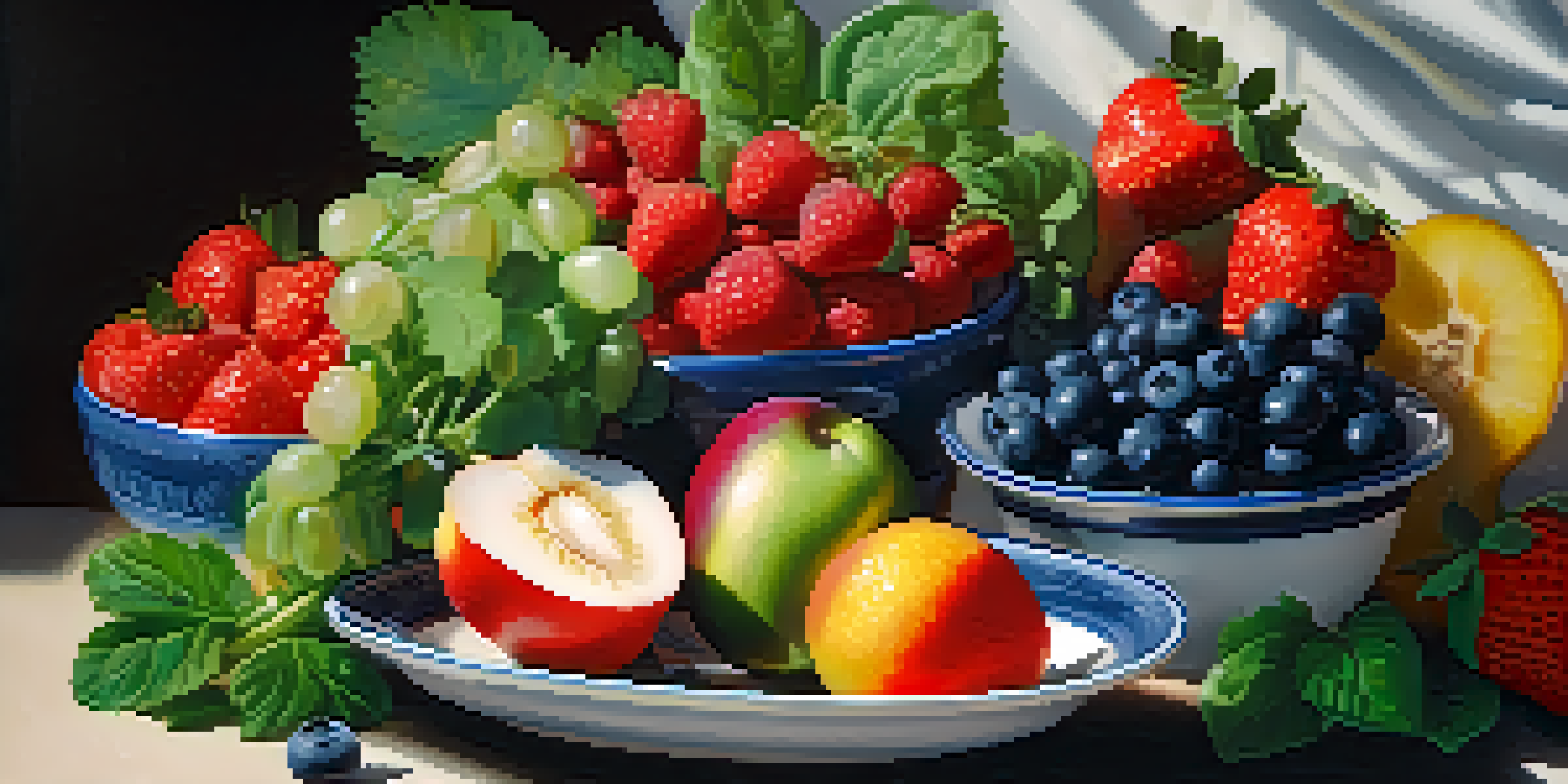 A colorful plate of fresh fruits and vegetables showcasing leafy greens, strawberries, and blueberries, with a softly blurred background.