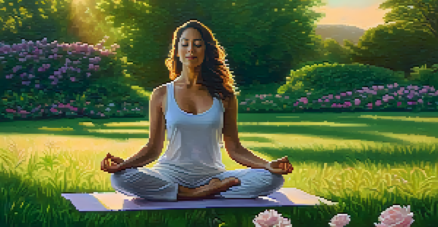 A woman doing yoga on a green lawn with flowers, during sunset, radiating peace and calm.