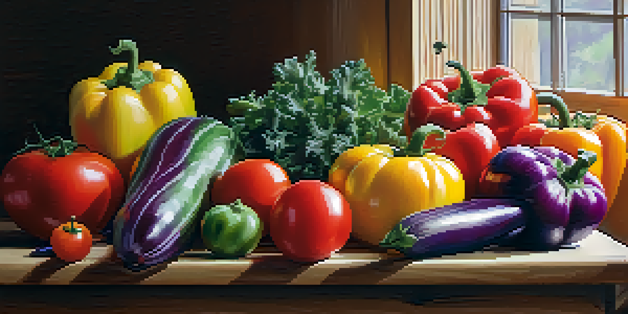 A variety of fresh fruits and vegetables on a wooden table, illuminated by soft natural light.