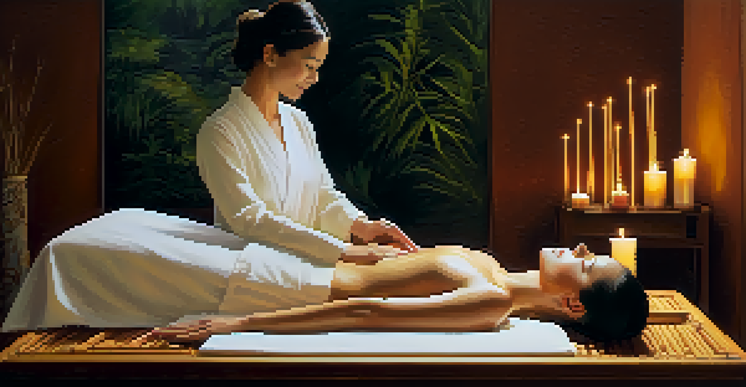 A woman receiving acupuncture in a softly lit spa room, surrounded by candles and soothing decor, looking relaxed.