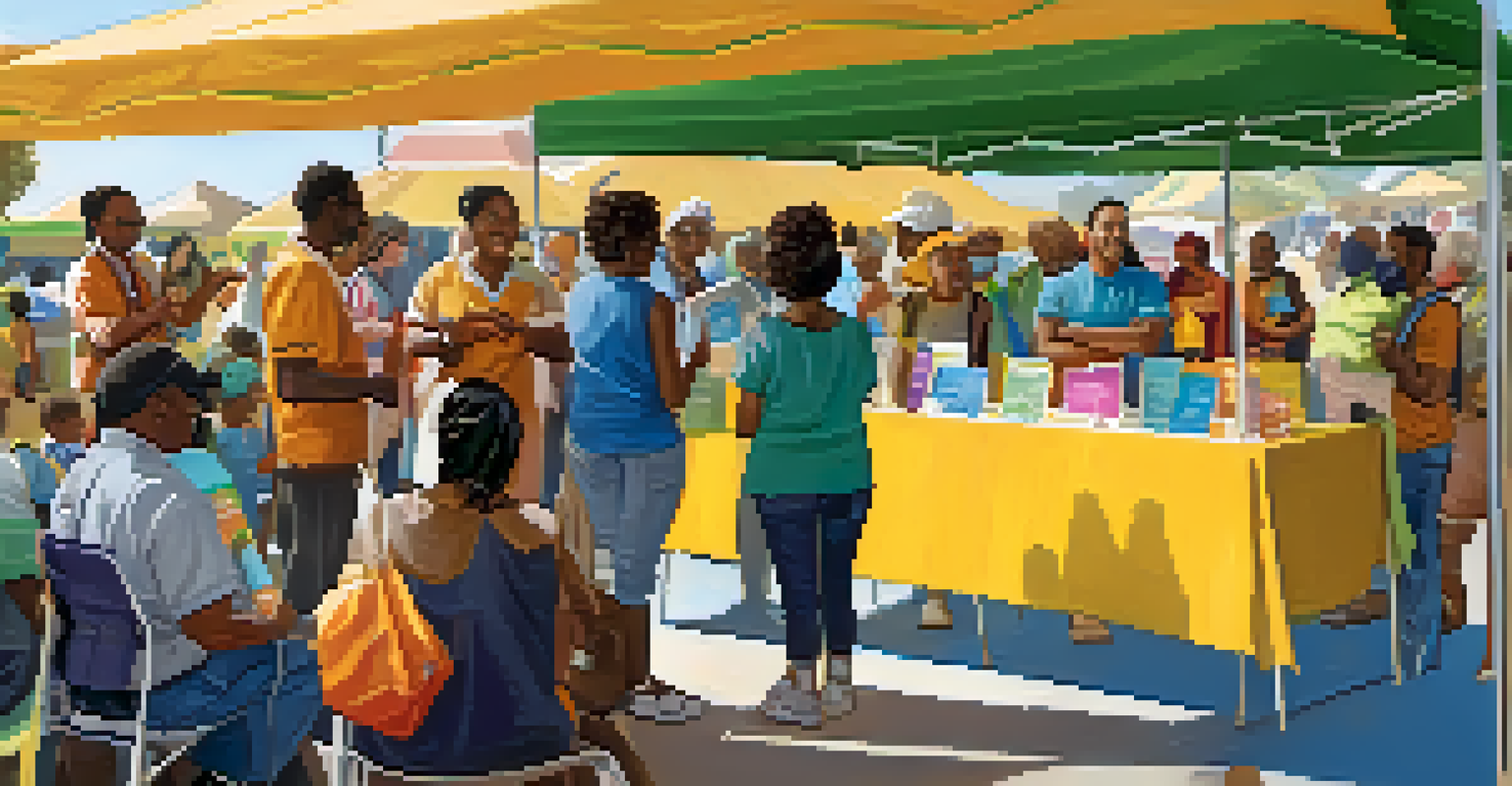 A community health event with volunteers educating attendees about vaccinations, featuring a colorful booth and diverse individuals.