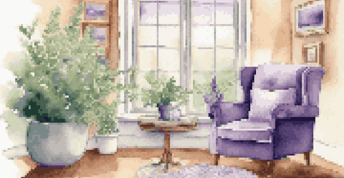 A cozy room with a diffuser releasing lavender oil, warm lighting, and green plants, showcasing a collection of essential oil bottles.