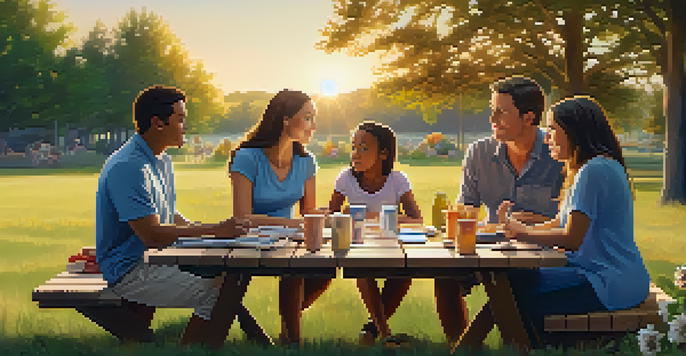 A diverse family discussing their crisis plan outdoors, surrounded by nature, under a warm sunset light.