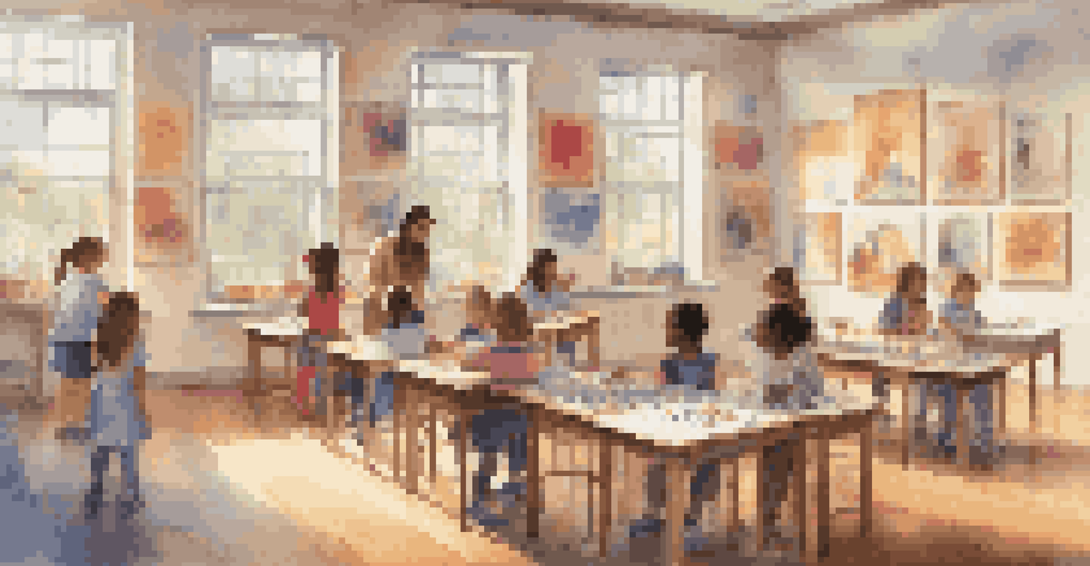 Children engaged in an art class, painting on easels in a colorful room filled with displayed artwork and natural light.