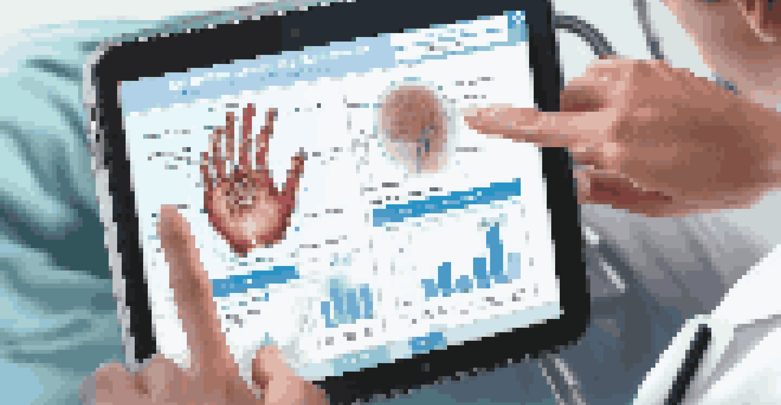 A close-up of a patient's hand using a tablet to access electronic health records.