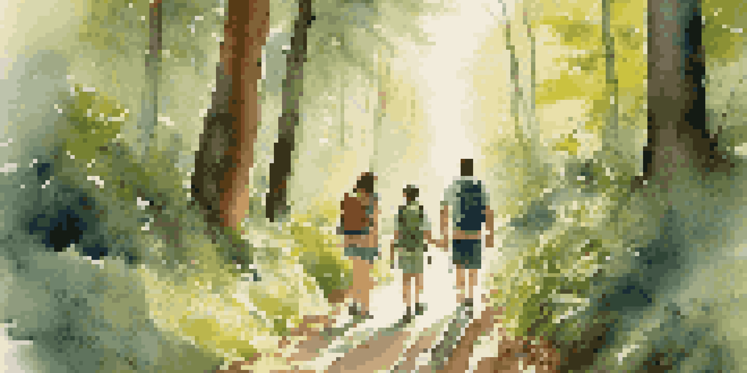 A family hiking on a forest trail, enjoying nature together, with sunlight shining through the trees.