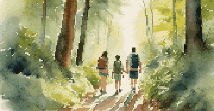 A family hiking on a forest trail, enjoying nature together, with sunlight shining through the trees.