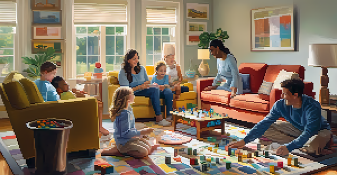 A diverse family playing a board game in a bright and cozy living room, filled with laughter and colorful game pieces.