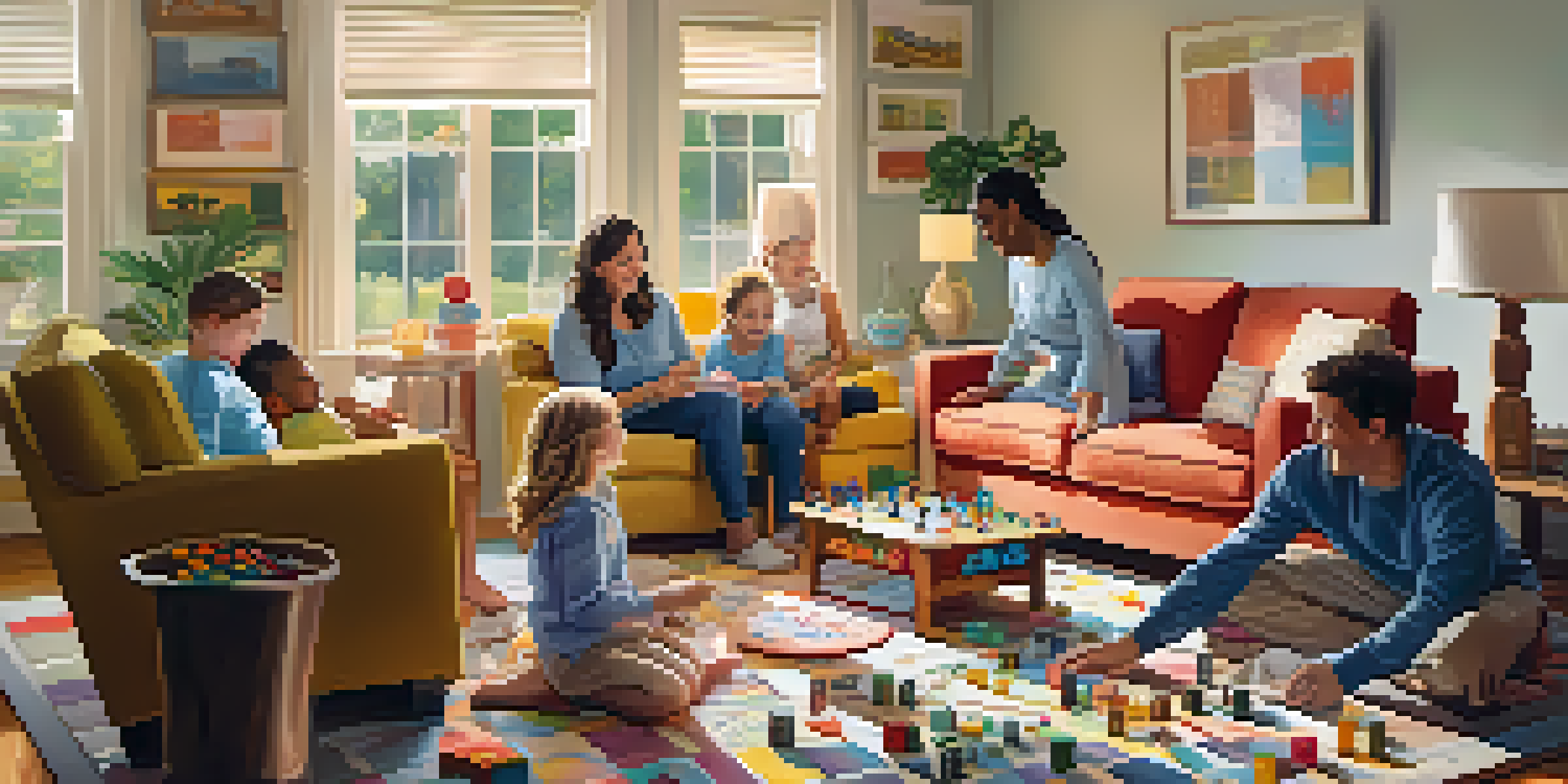A diverse family playing a board game in a bright and cozy living room, filled with laughter and colorful game pieces.