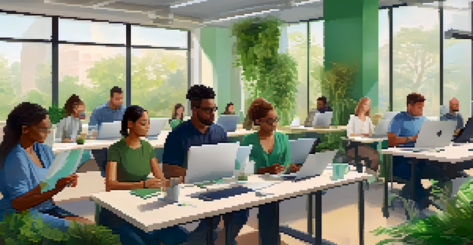 A diverse group of employees participating in a digital wellness workshop in a bright and serene office environment.