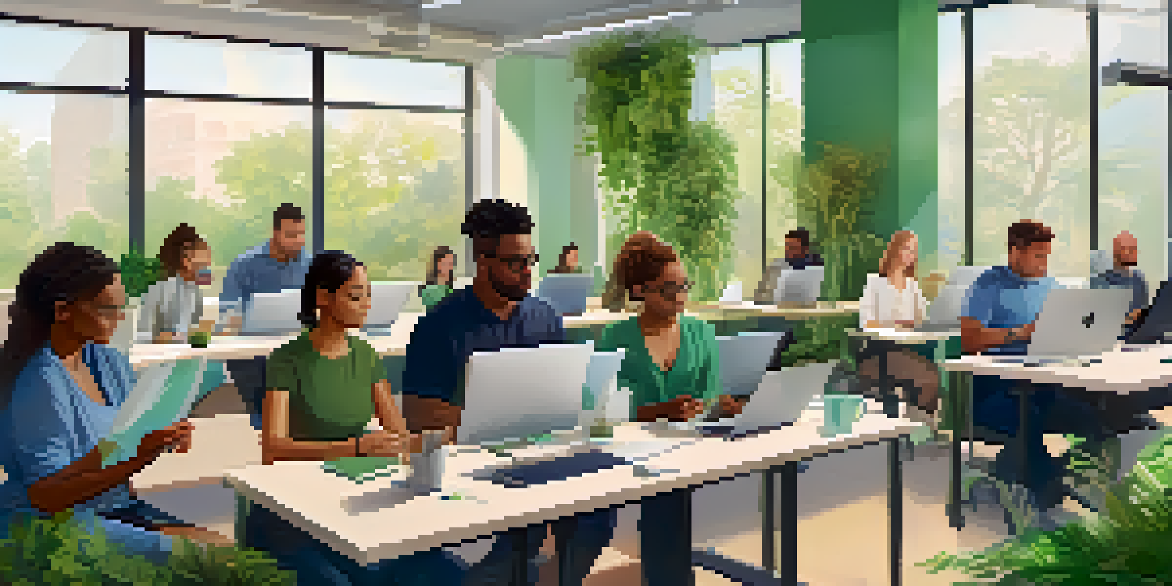 A diverse group of employees participating in a digital wellness workshop in a bright and serene office environment.