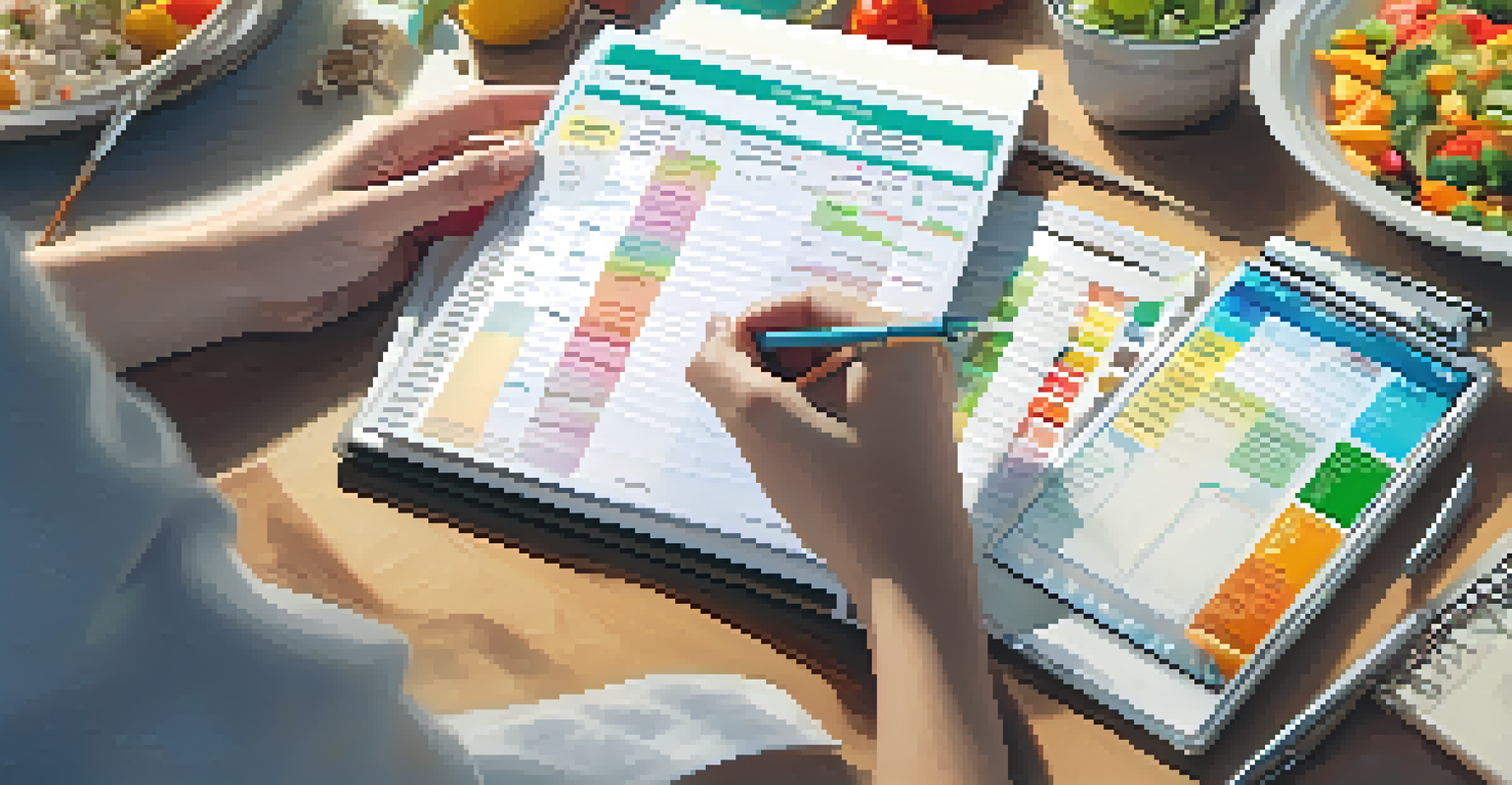 Close-up of a nutritionist's hands preparing a meal plan with healthy food and notes, emphasizing dietary management.