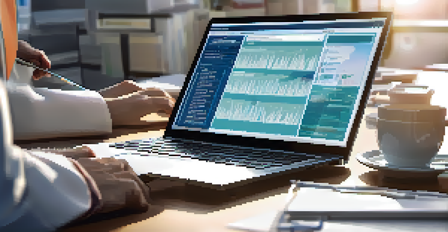 A healthcare professional typing on a laptop while reviewing patient data.