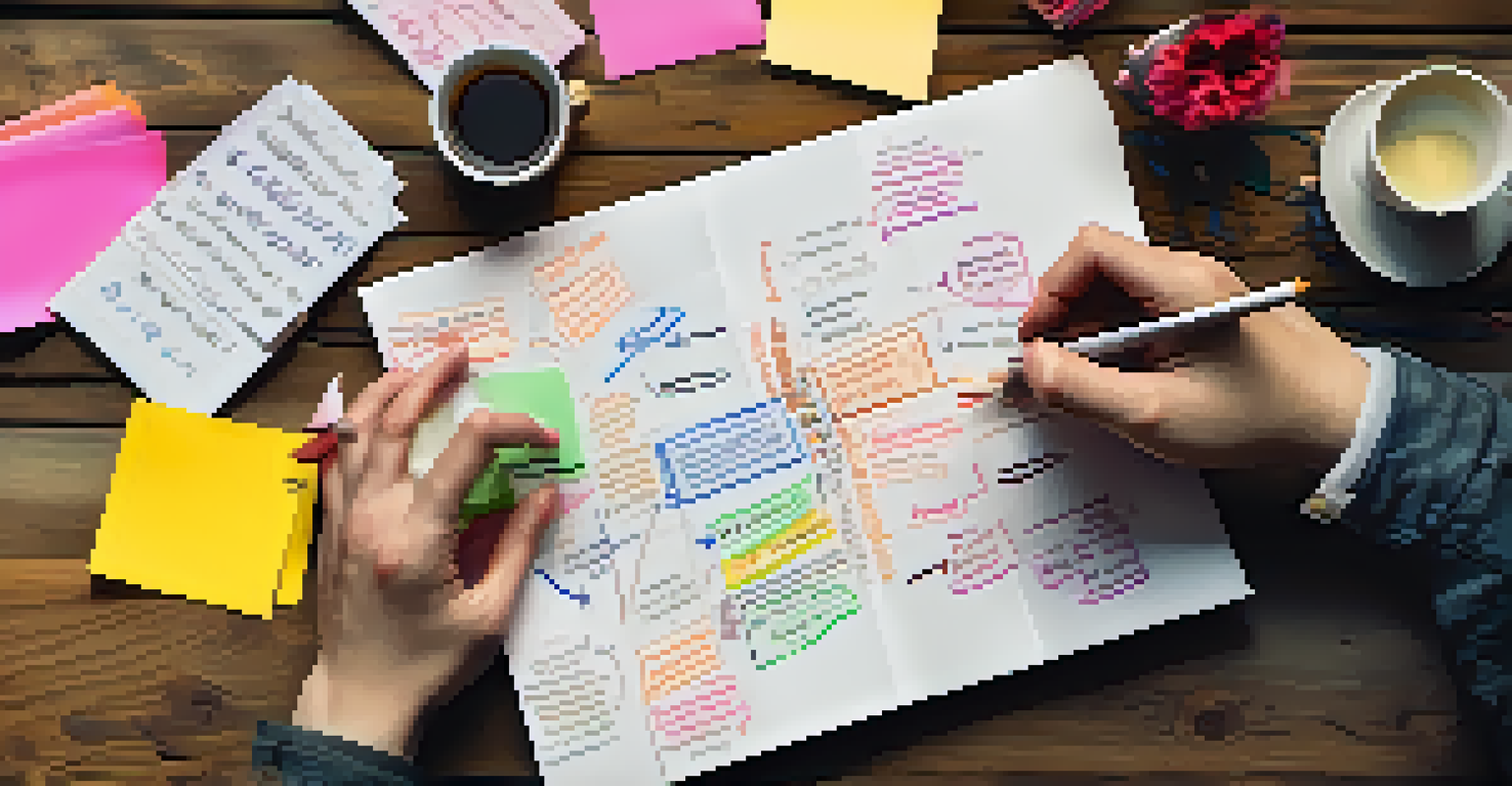 Close-up of hands planning solutions and writing affirmations on paper with sticky notes.