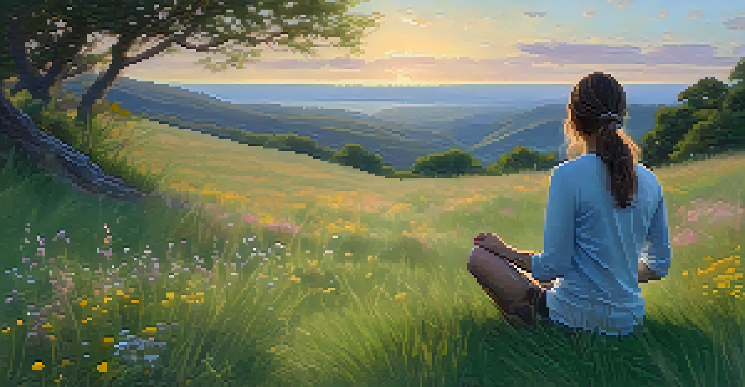 A person meditating on a grassy hilltop at sunrise, surrounded by wildflowers and soft pastel skies.