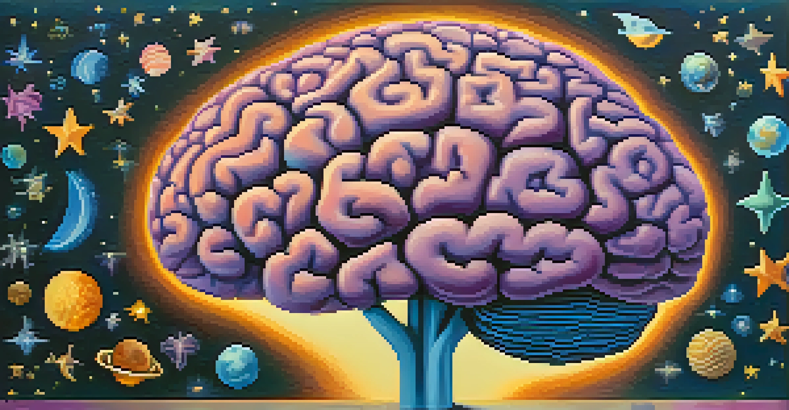 An artistic representation of a brain surrounded by sleep and health symbols like a moon and stars, with a calming blue and purple background.
