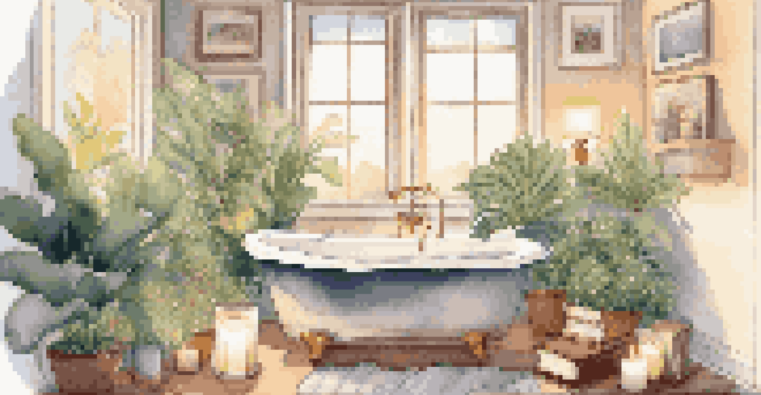 A relaxing self-care space with a bubble-filled bathtub, lit candles, and soft lighting.
