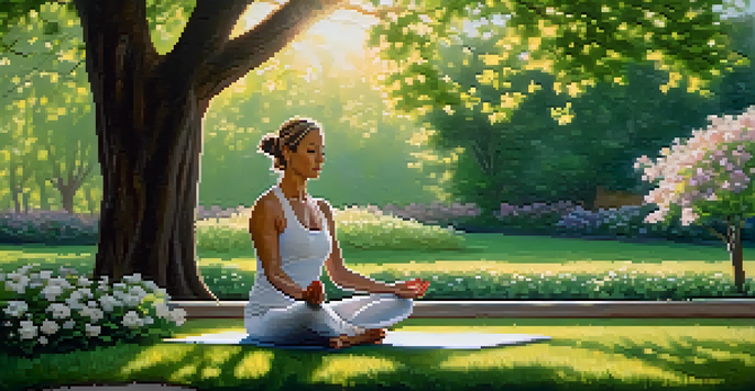 A professional woman practicing yoga in a sunlit park with blooming flowers and green trees, showcasing a serene atmosphere.