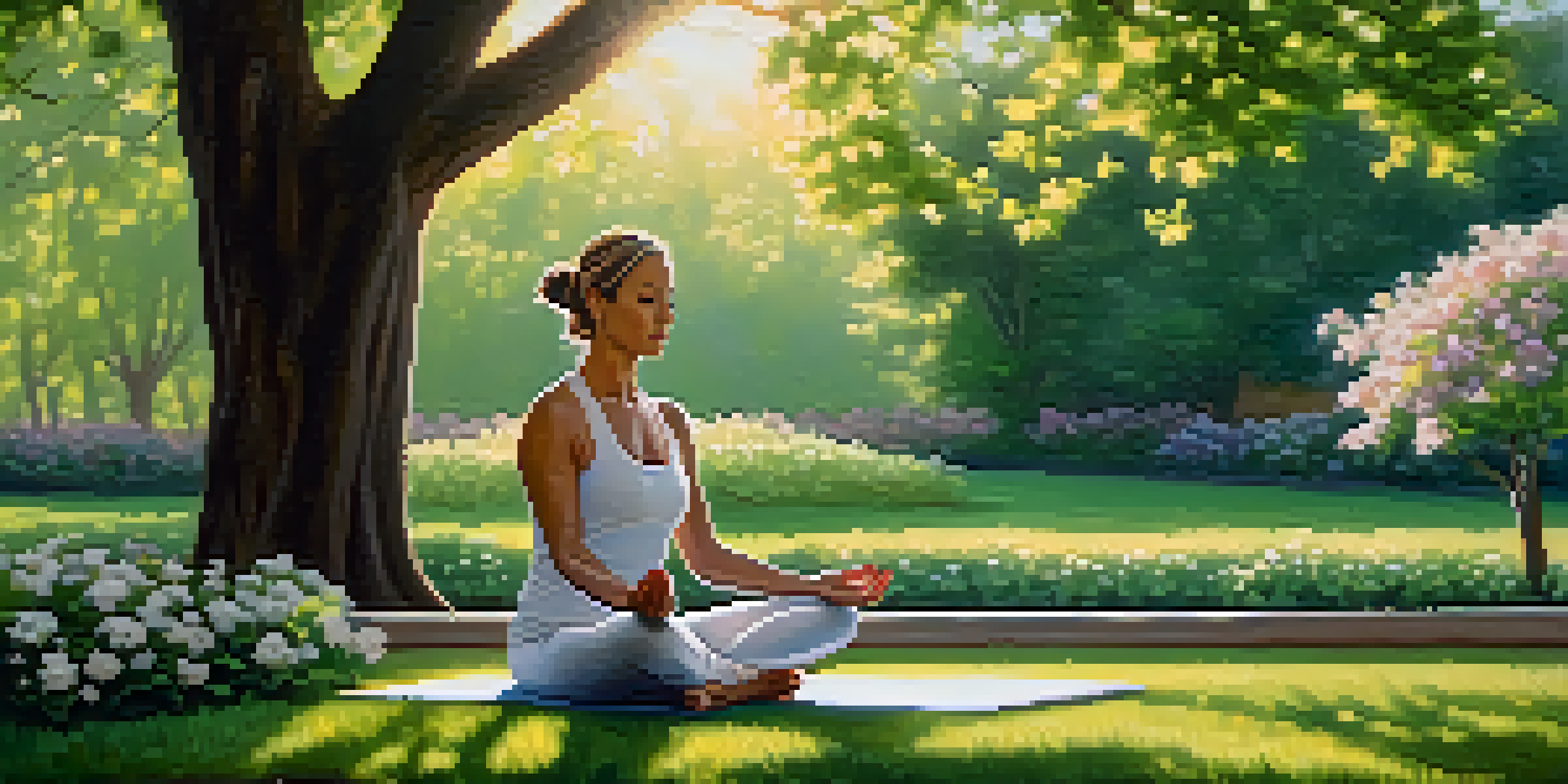 A professional woman practicing yoga in a sunlit park with blooming flowers and green trees, showcasing a serene atmosphere.