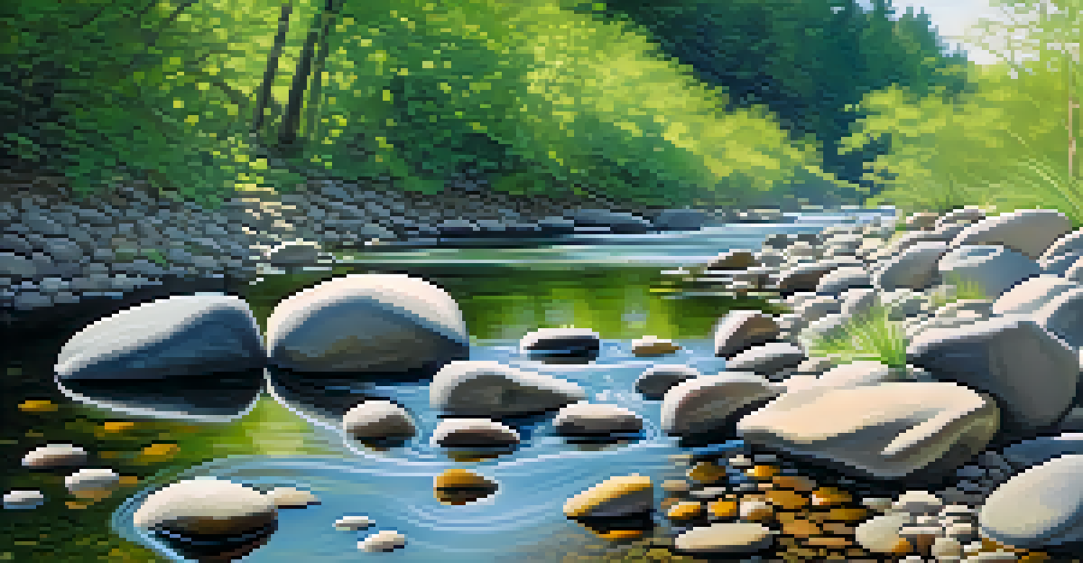 A close-up view of a riverbank with smooth stones and flowing water, surrounded by green plants and wildflowers.