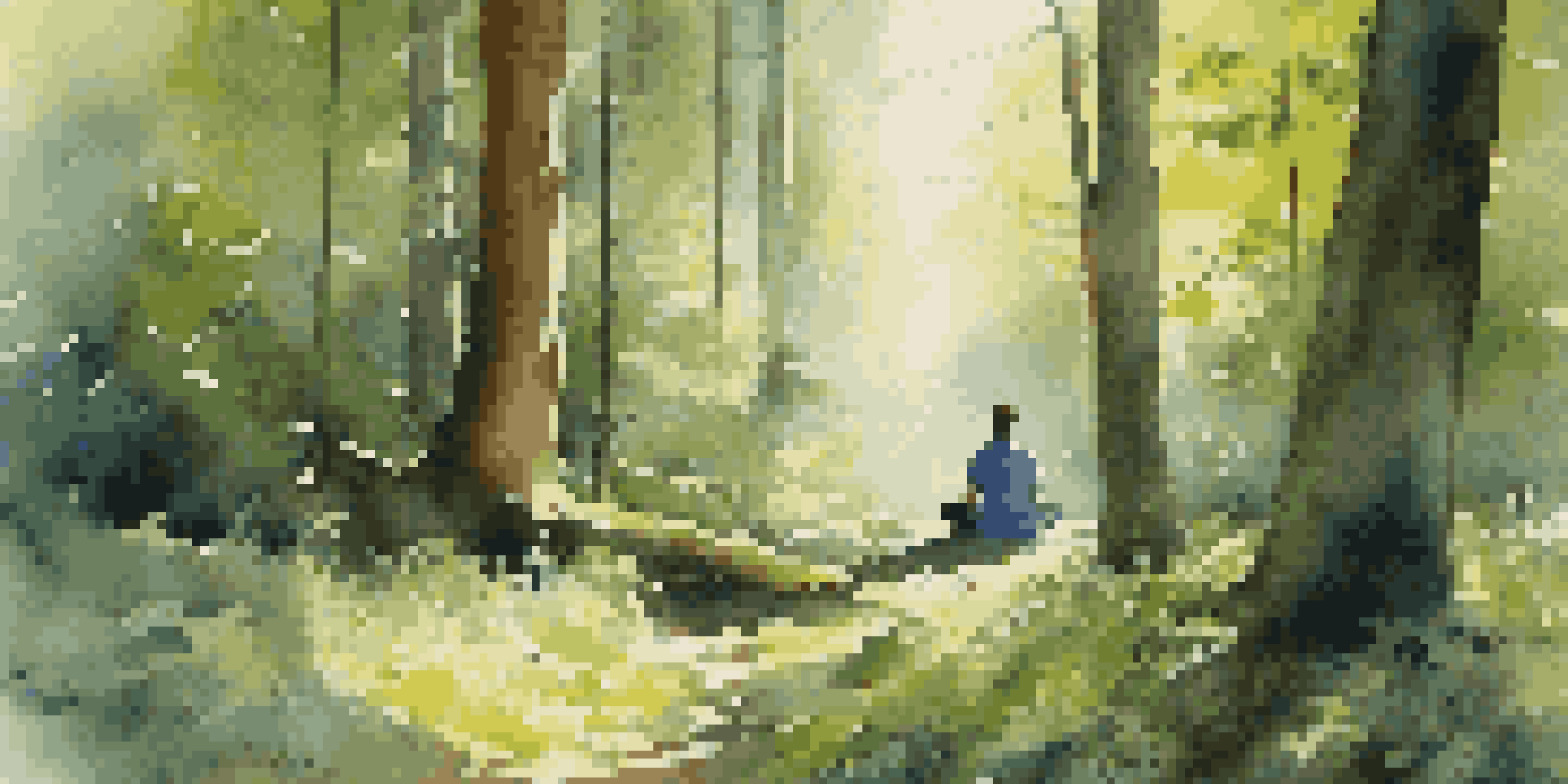 A person meditating in a peaceful forest, surrounded by trees and wildflowers, with sunlight filtering through the leaves.