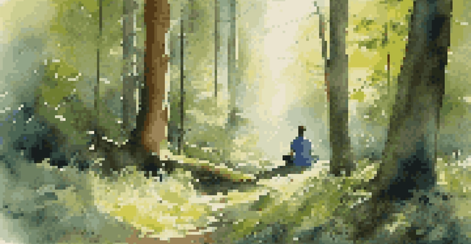 A person meditating in a peaceful forest, surrounded by trees and wildflowers, with sunlight filtering through the leaves.