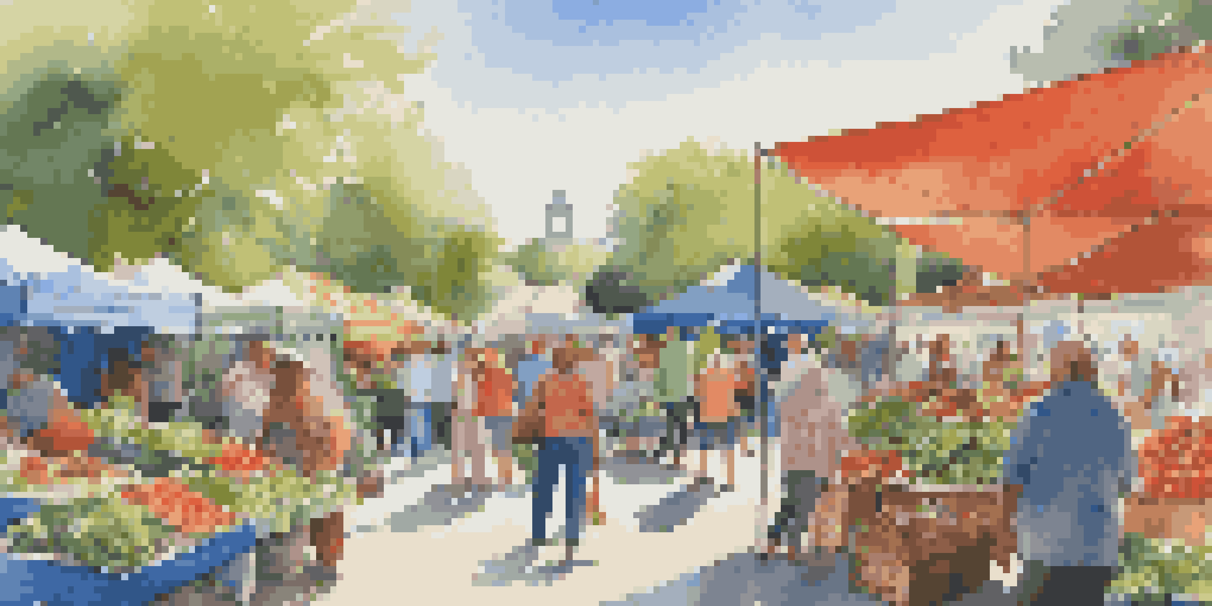 A lively farmers' market with colorful produce, diverse people interacting, and children playing under a blue sky.