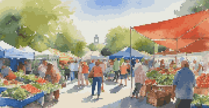A lively farmers' market with colorful produce, diverse people interacting, and children playing under a blue sky.