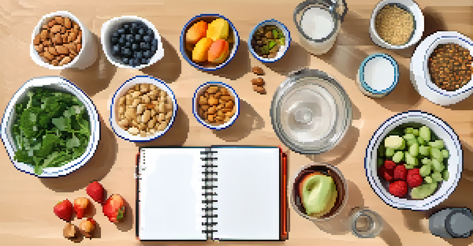 An organized meal prep layout with healthy snacks, a water bottle, and a notebook on a minimalist kitchen countertop.