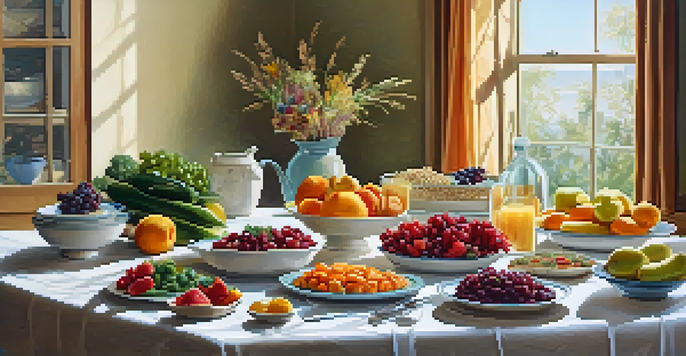A table set with a variety of colorful fruits, vegetables, and allergen-free dishes, illuminated by natural light.